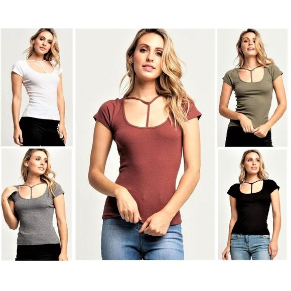 Top. Cinnamon Color Ribbed Tee. "Y" Neckline. Size Large. NWT - Picture 2 of 2